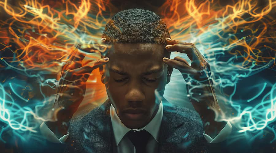 A businessman in a suit, eyes closed with energy radiating from his head