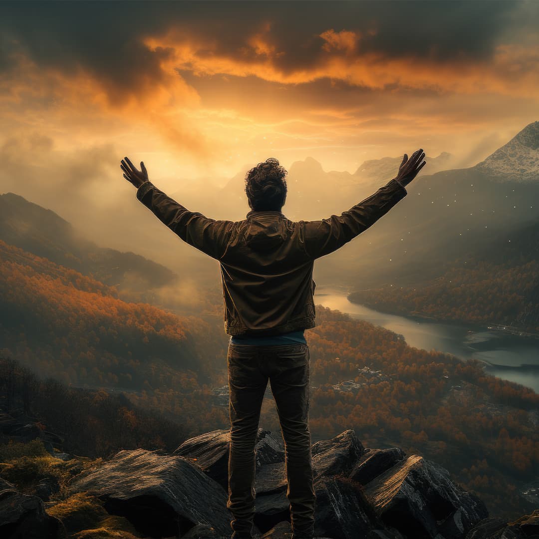 Man standing on top of mountain with arms raised
