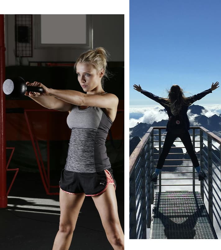 Picture of two women. One working out and the other sanding in front of a mountain with her arms up.