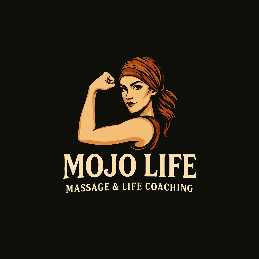 Picture of the mojo life logo. Woman with a bandana making a muscle with left arm raised